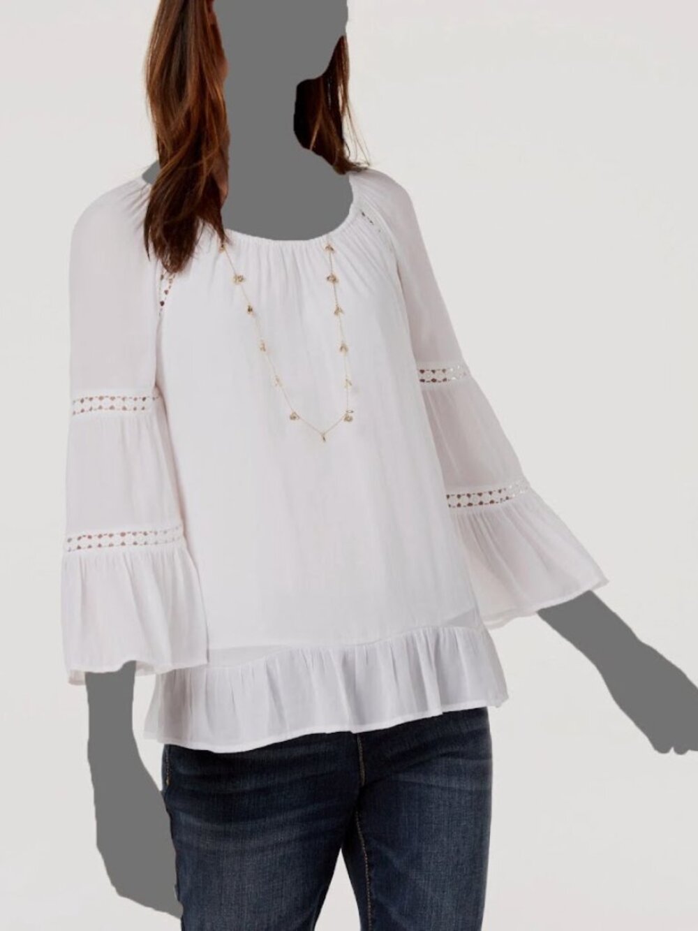 NWT Inc International Concepts White Ruffle 3/4-Sleeve Blouse Top Size L